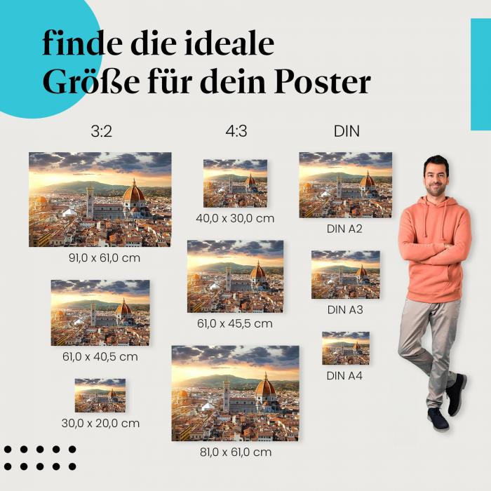 Finde die ideale Postergröße: Panorama Florenz, Sonnenuntergang, Dom, Altstadt.