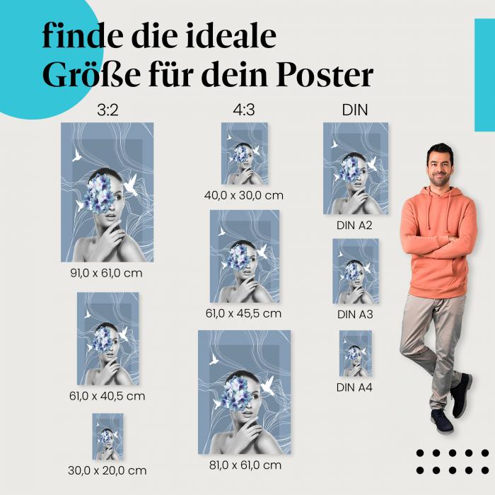 Frau, Poster: Auge, Blumen, Vögel, abstrakt.