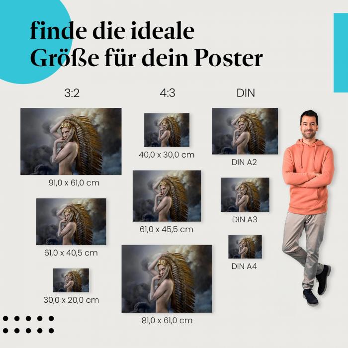 Frau, Poster: Federschmuck, Wolken, Stärke, Anmut.