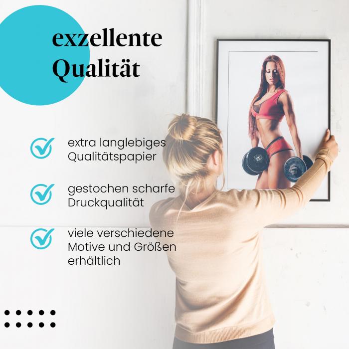 Gerahmtes Wandbild "Frau, Hanteln, Fitness". Hochwertiger Druck, verschiedene Größen erhältlich.