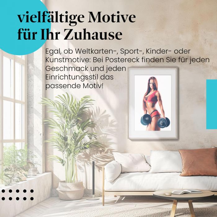 Stylisches Leinwandbild: Fitnessmotivation: Starke Frau trainiert mit Hanteln.