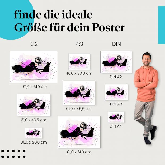 "Entspannte Eleganz" Poster: Frau mit Katze - verschiedene Größen!