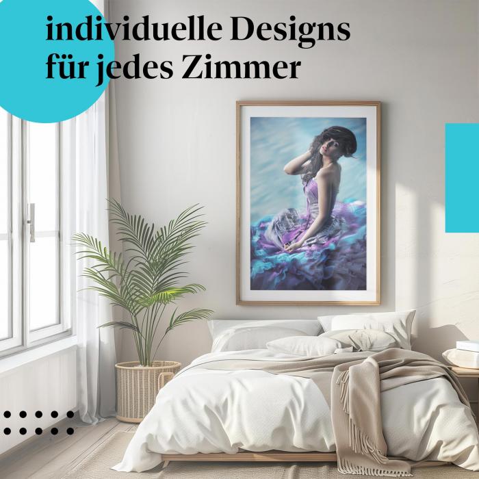 Schlafzimmer Deko: Minimalistisches Zimmer mit "Verträumte Schönheit" Poster. Romantische Wanddeko.