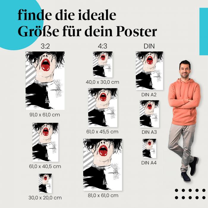 "Stylisches Frauenportrait": Poster - Frau mit roten Lippen & grafischen Elementen