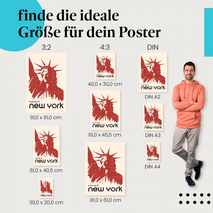 Wähle die ideale Postergröße: Freiheitsstatue in Rot mit New Yorker Skyline.