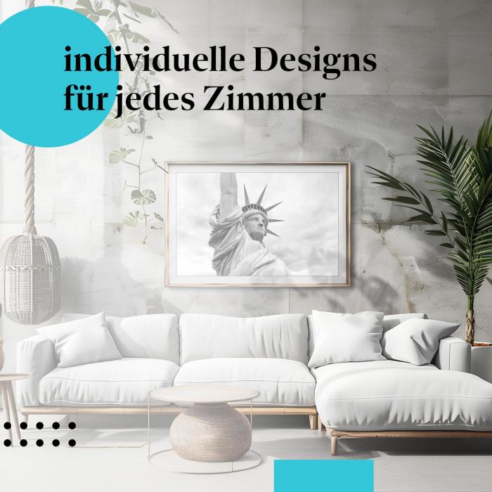 Schlafzimmer Deko: Minimalistisches Zimmer mit "Freiheitsstatue" Poster. Wanddeko für Freiheitsliebhaber.