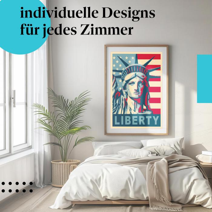 Schlafzimmer Deko: Modernes Zimmer mit "Freiheitsstatue" Poster. Wanddeko für USA-Fans.