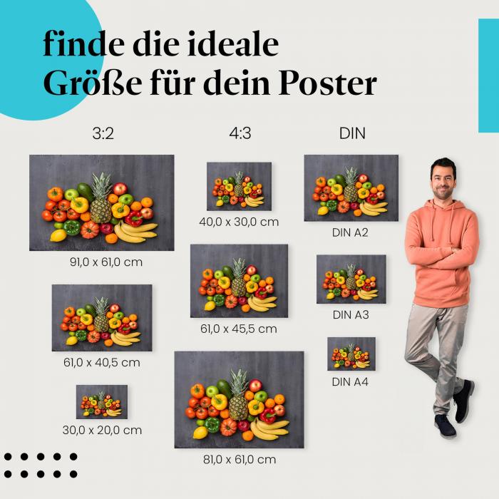 Finde die ideale Postergröße: Exotische Früchte, Ananas, Banane, Paprika, Äpfel.