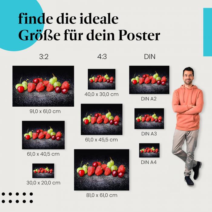 Wähle die ideale Postergröße: Erdbeeren, Kirschen und Weintrauben auf Puderzucker.