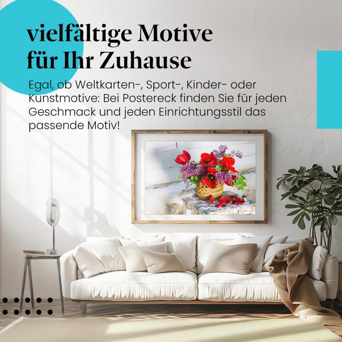 Dieses Leinwandbild mit dem Blumenstrauß ist ein Hingucker und versprüht Frühlingsgefühle.