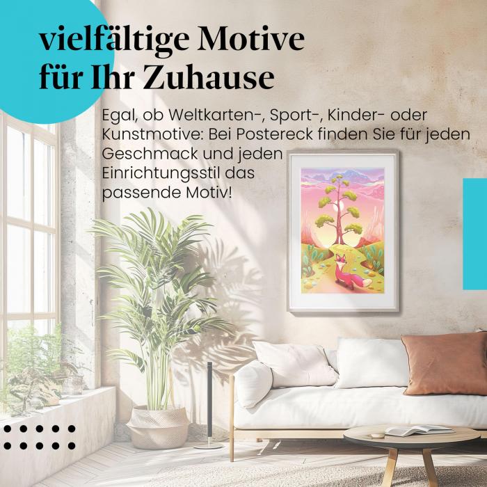 Dieses Leinwandbild mit dem Fuchs und dem Baum ist ein Hingucker für alle, die märchenhafte Motive lieben.