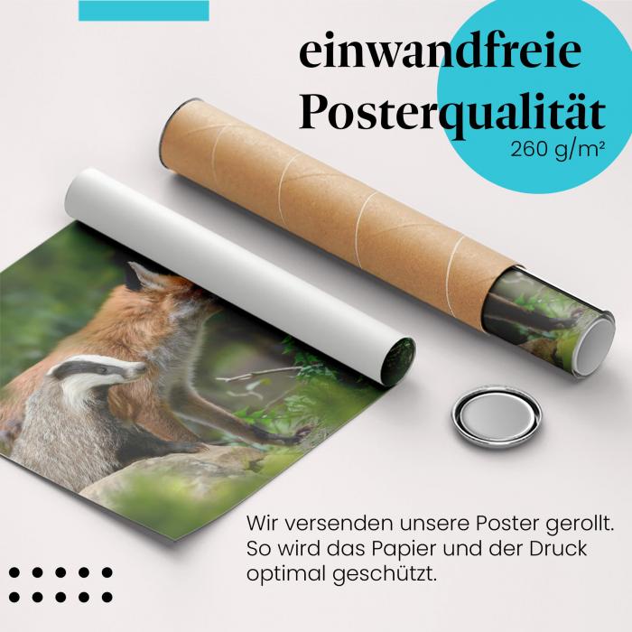 Gerolltes Poster "Fuchs & Dachs". Tierfreundschaft, sicher verpackt.