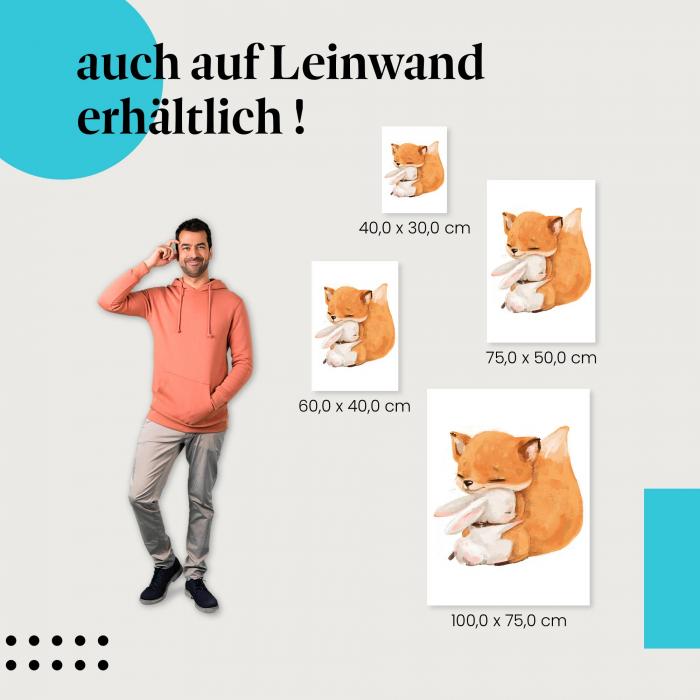 Fuchs & Hase: Leinwandbild. Kuschelnd, Freundschaft.