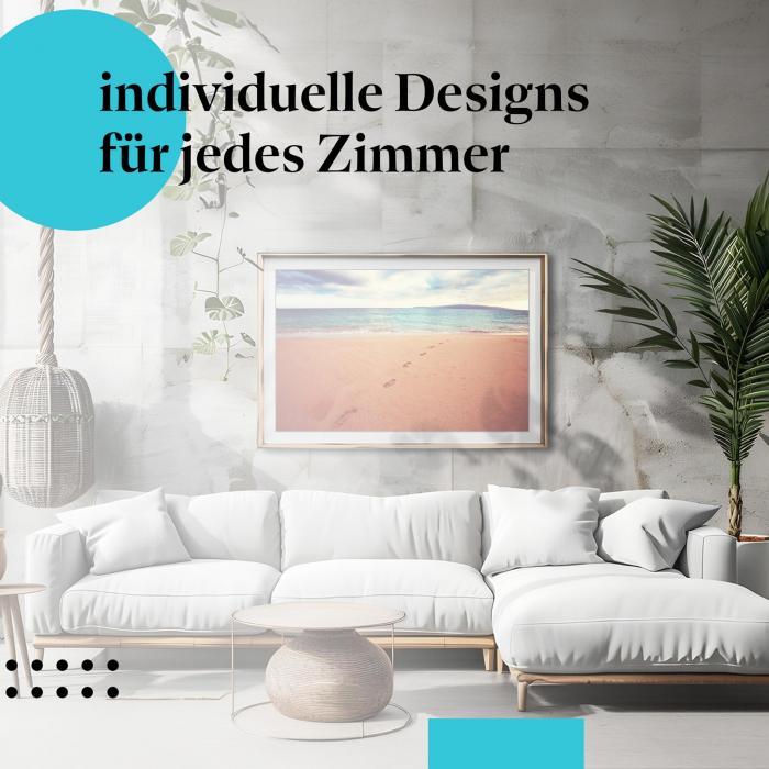 Strand Poster: "Entspannung pur" - Fußspuren im Sand, Meer & Insel