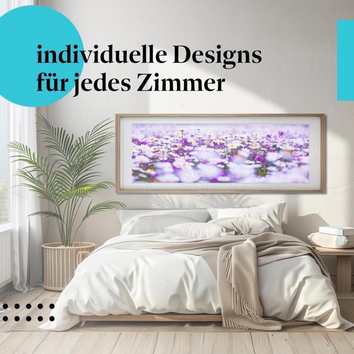 Schlafzimmer Deko: Minimalistisches Schlafzimmer mit "Gänseblümchen" Poster. Wanddeko für Frühlingsgefühle.