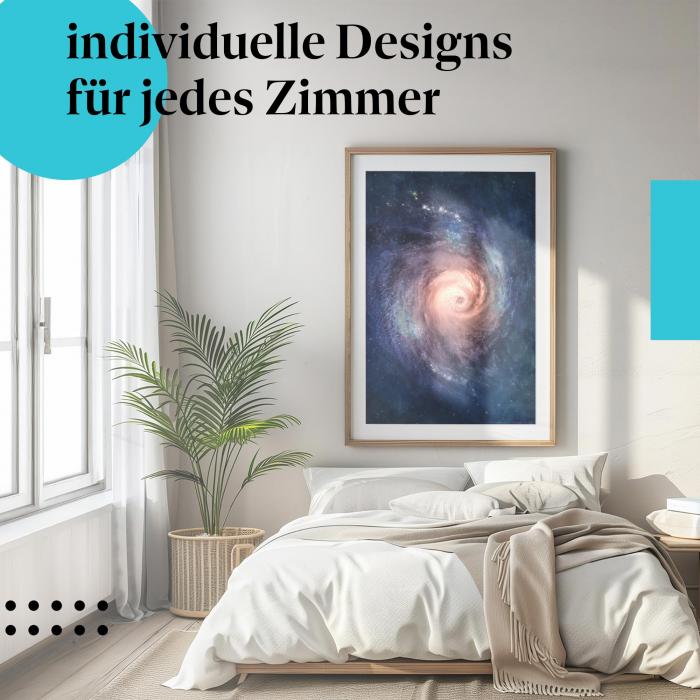 Schlafzimmer Deko: "Galaktisches Auge" Poster im minimalistischen Schlafzimmer. Wanddeko für Weltraum-Fans.