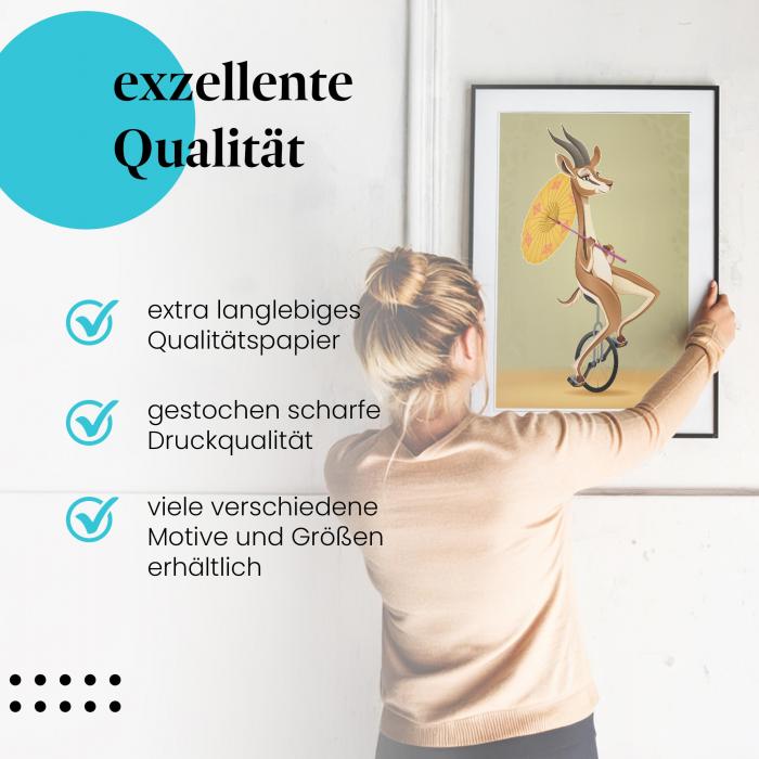 Gerahmtes Wandbild "Elegante Gazelle auf dem Einrad". Hochwertiger Druck, verschiedene Größen.