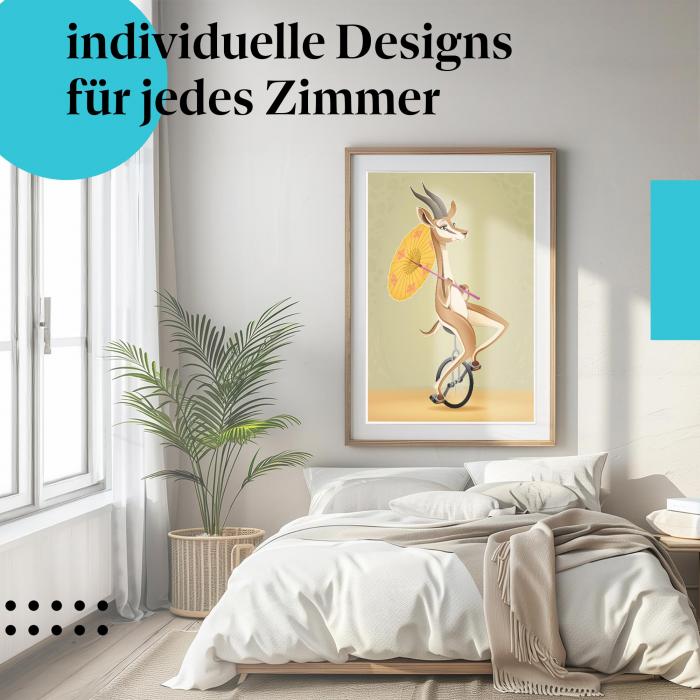 Zirkus Poster: "Elegante Gazelle" - Gazelle mit Sonnenschirm auf Einrad