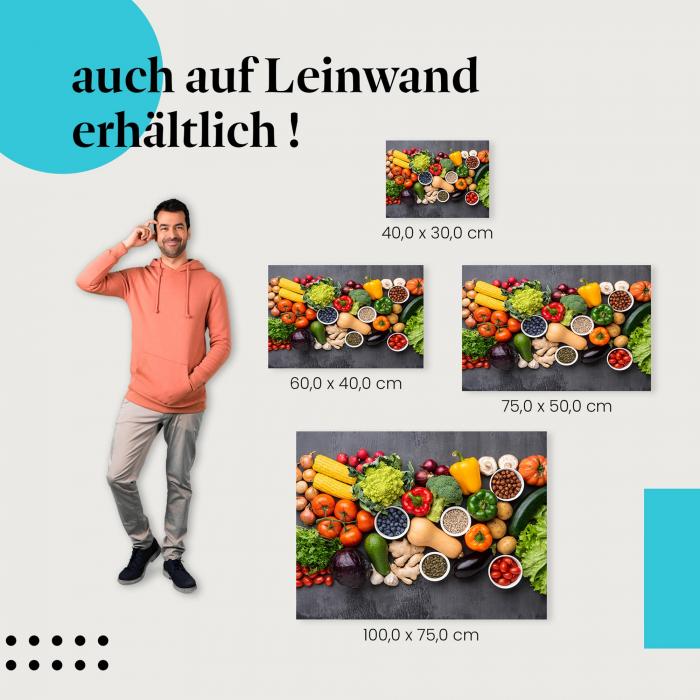 Gesunde Ernährung: Leinwandbild. Obst, Gemüse, Nüsse, Samen, bunt.