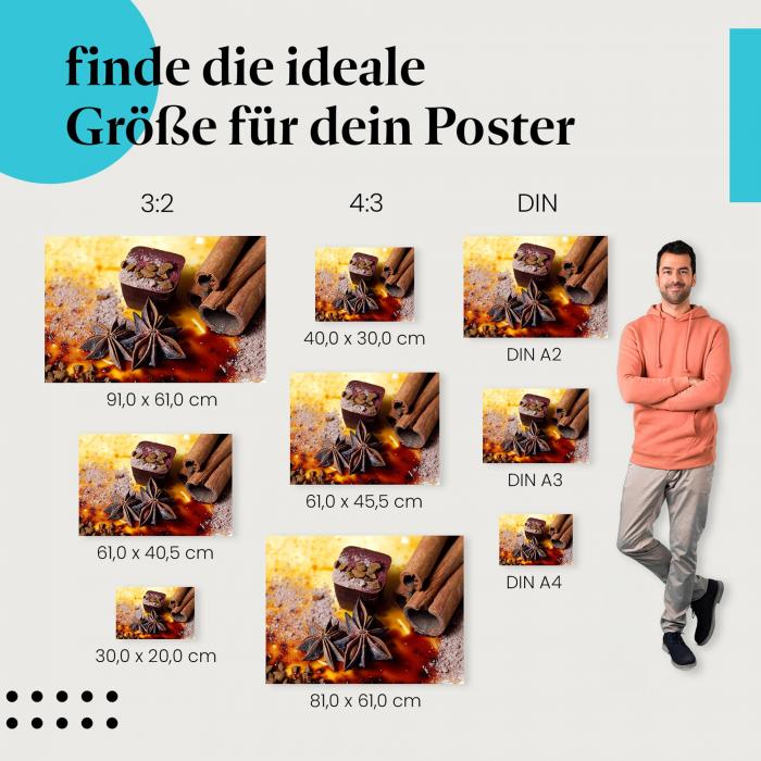 Schokolade, Poster: Stück, Kakaonibs, Gewürze, gold.