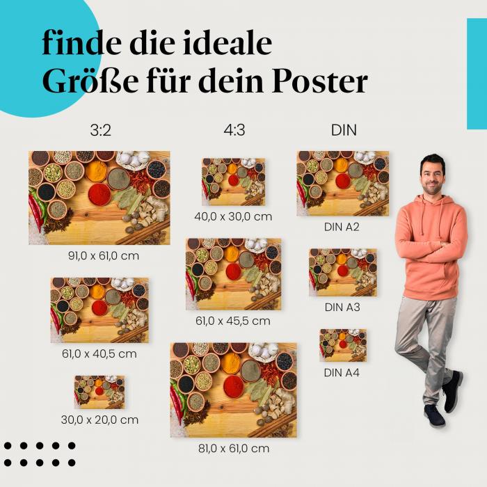 Entdecke die passende Postergröße: Gewürze in Schalen, Holztisch, Farben, Aromen.