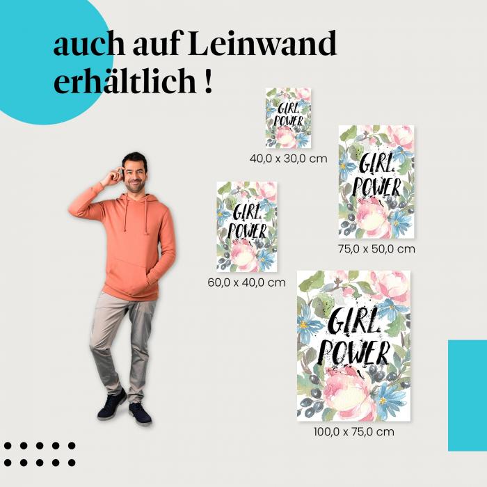 "Girl Power": Leinwandbild. Schriftzug, Blumenkranz.