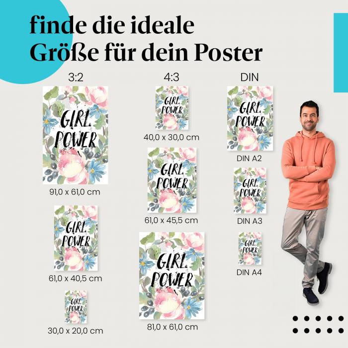 "Girl Power", Poster: Schriftzug, Blumenkranz, Stärke.