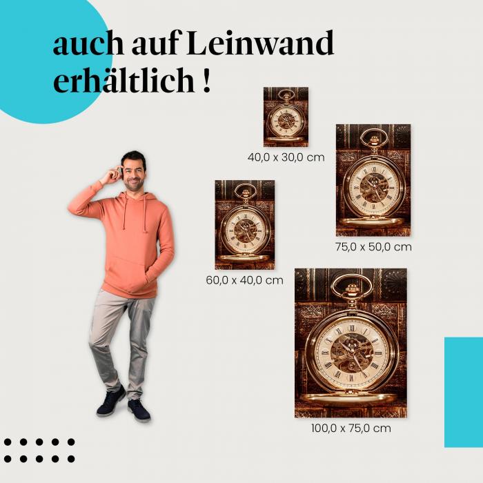 Taschenuhr & Bücher: Leinwandbild. Gold, Uhrwerk, Antik.