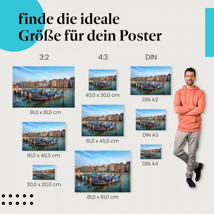 Entdecke die passende Postergröße: Gondeln, Kanal, Venedig, Häuserfassaden.