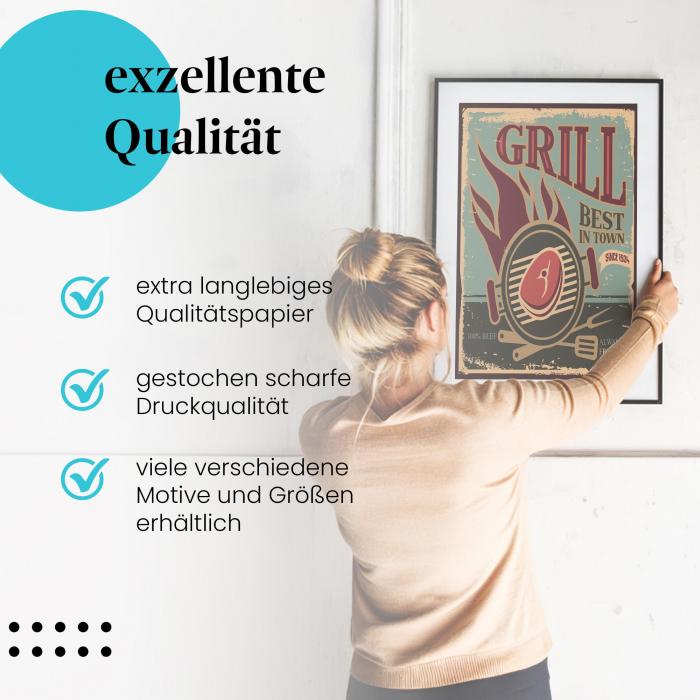 Gerahmtes Wandbild "Bester Grillgenuss". Vintage Design. Hochwertig gedruckt, langlebig. Verschiedene Motive & Größen.