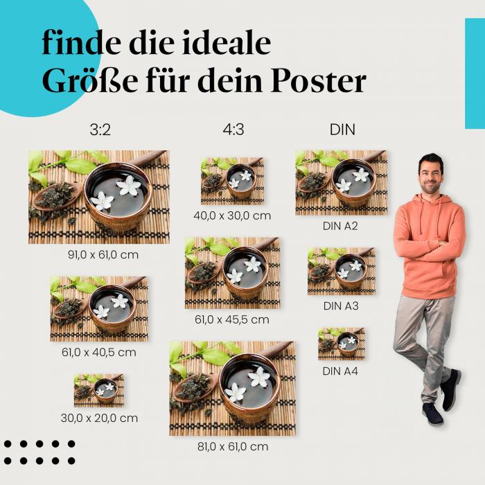 Finde die ideale Postergröße: Grüner Tee, Jasminblüten, Teeblätter, Bambusmatte.