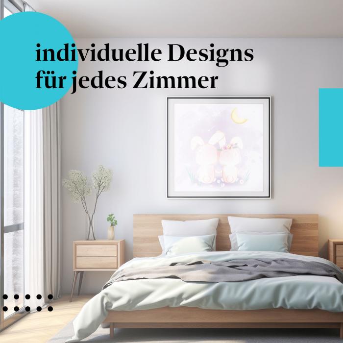 Schlafzimmer Deko: Romantisches Schlafzimmer mit "Hasen" Leinwandbild. Liebe & Sterne.