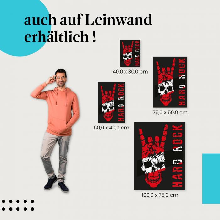 Roter Totenkopf mit weißem Gesicht und Hardrock-Handzeichen als Leinwandbild - rockiges Design.