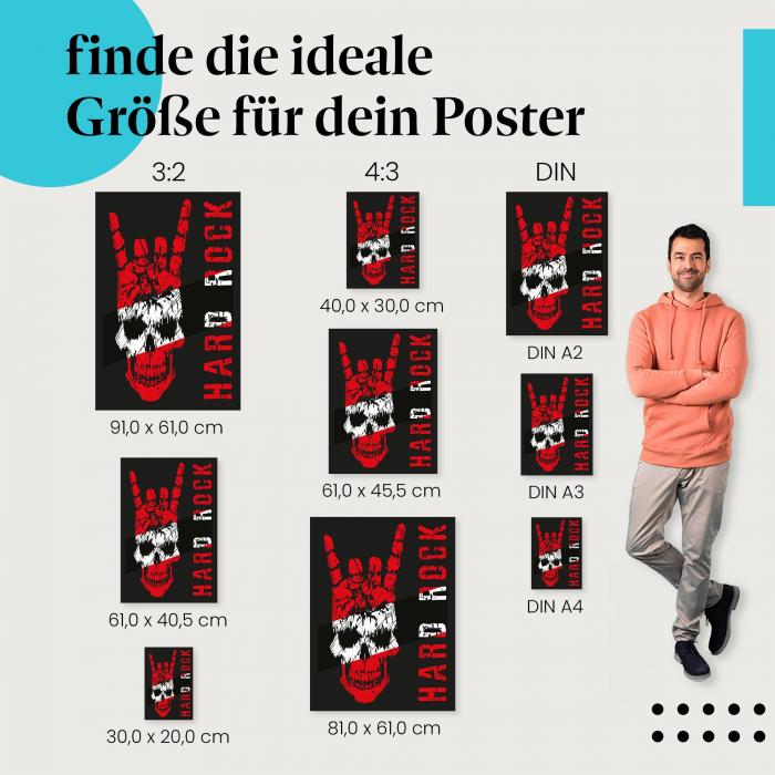 Wähle die ideale Postergröße: Roter Totenkopf mit weißem Gesicht und Hardrock-Handzeichen.