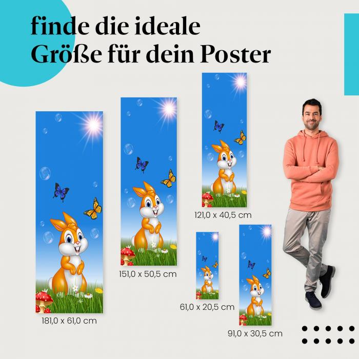 Wähle die ideale Postergröße: Ein glückliches Cartoon-Häschen auf einer Wiese - fröhliche Stimmung für dein Kinderzimmer.