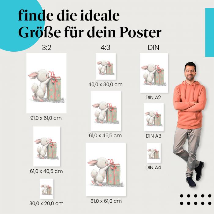 Hase, Poster: Geschenk, Schleife, Neugier.