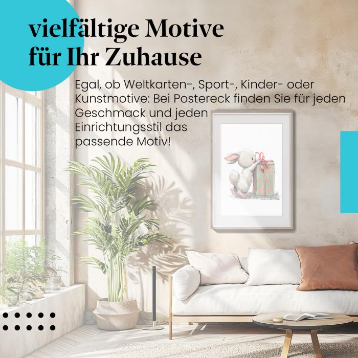 Leinwandbild "Hase & Geschenk": Neugier & Vorfreude - ein niedliches Motiv.