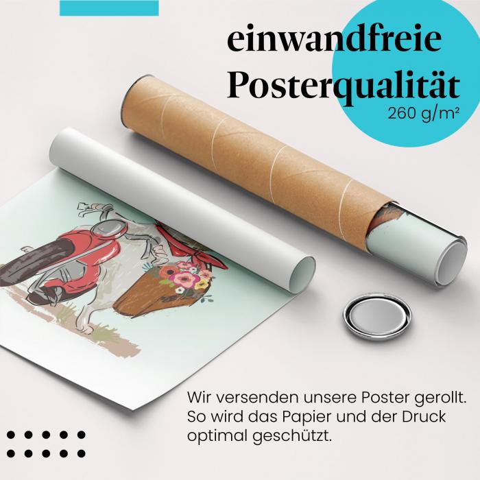 Gerolltes Poster "Hase & Motorrad" - Humor & Action, sicher verpackt.