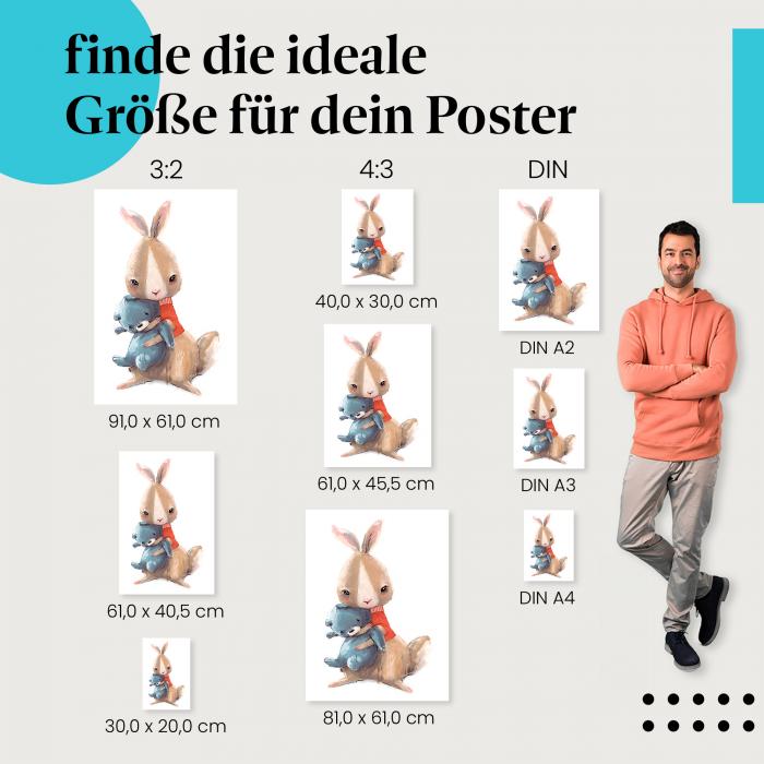 Hase, Poster: Pullover, Teddybär, Umarmung.