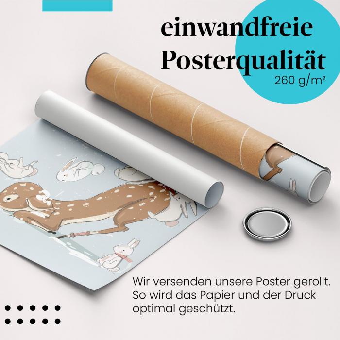 Gerolltes Poster "Hasen im Schnee". Winter & Spaß, sicher verpackt.