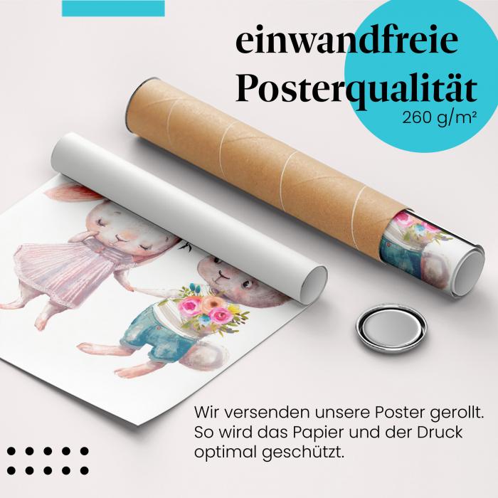 Gerolltes Poster "Verliebte Hasen". Niedliches Paar, sicher verpackt.