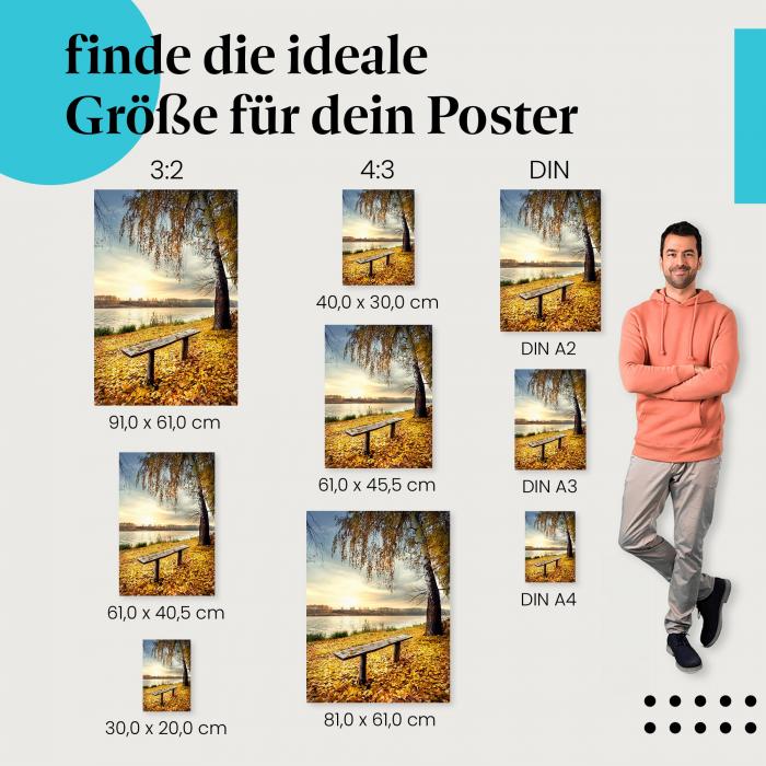 See, Poster: Holzbank, Baum, goldene Blätter, Spiegelung.