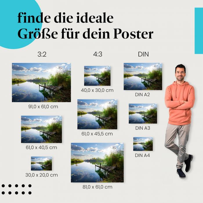 Entdecke die passende Postergröße: Steg, See, Herbstlaub, Sonnenspiegelung.