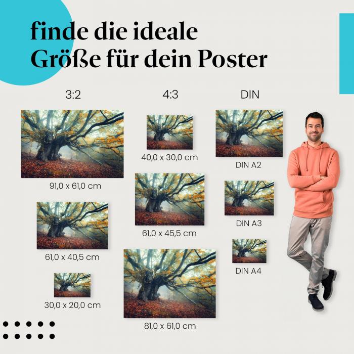 Herbst, Poster: Baum, gelbe Blätter, Nebel, mystisch.