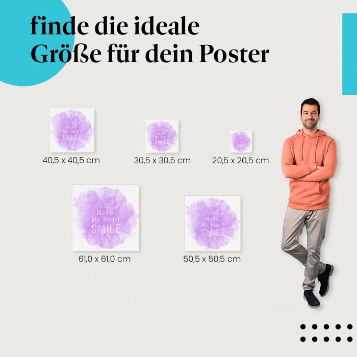 Wähle die ideale Postergröße: "You make my heart smile" - Romantischer Spruch auf lila Hintergrund.