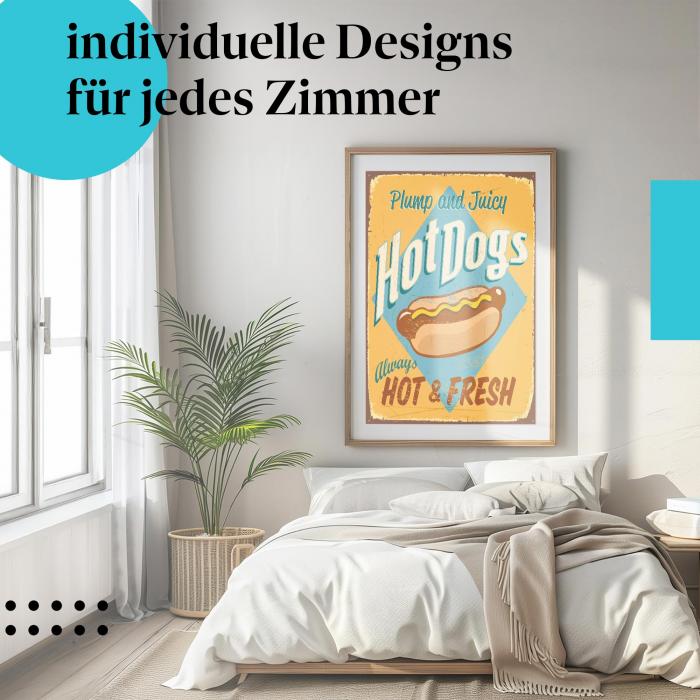 Schlafzimmer Deko: Minimalistisches Zimmer mit "Hot Dogs" Poster. Wanddeko im Vintage-Stil.