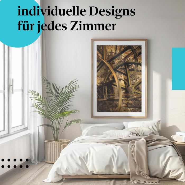 Schlafzimmer Deko: "Vergänglichkeit der Industrie" Poster im minimalistischen Schlafzimmer. Wanddeko für Industrial-Fans.