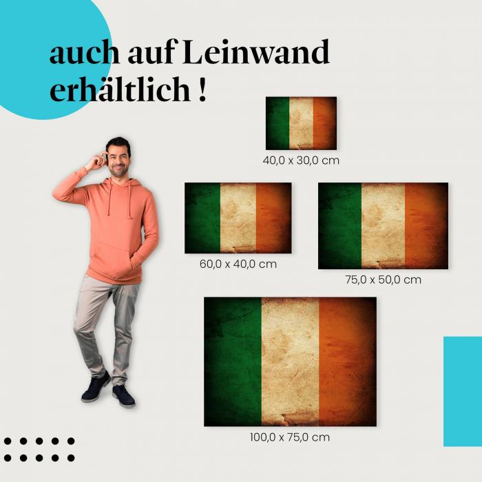 "Irland Flagge" Leinwandbild im Vintage-Stil. Ideale Größe, setze Akzente mit Kunst in deinem Zuhause!