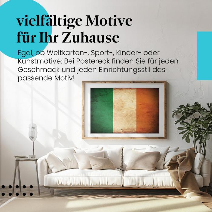 Stylisches Leinwandbild: Irische Grunge Flagge im Vintage-Stil. Wanddeko für Irland-Fans.