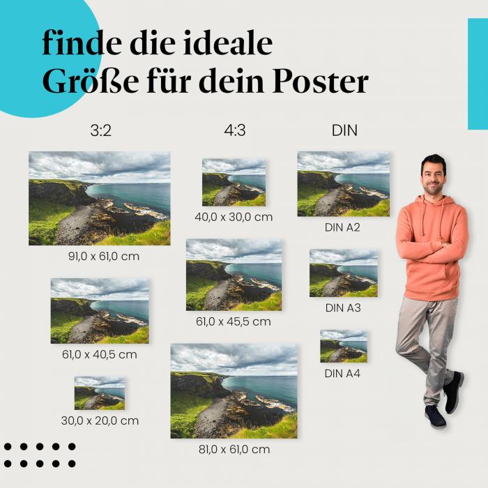 Irische Küste, Poster: Klippen, Hügel, Meer.